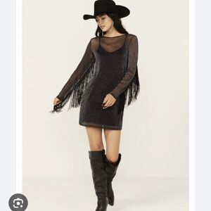 Idyllwind Women's Margaret Sparkly Mesh Fringe Long Sleeve Dress